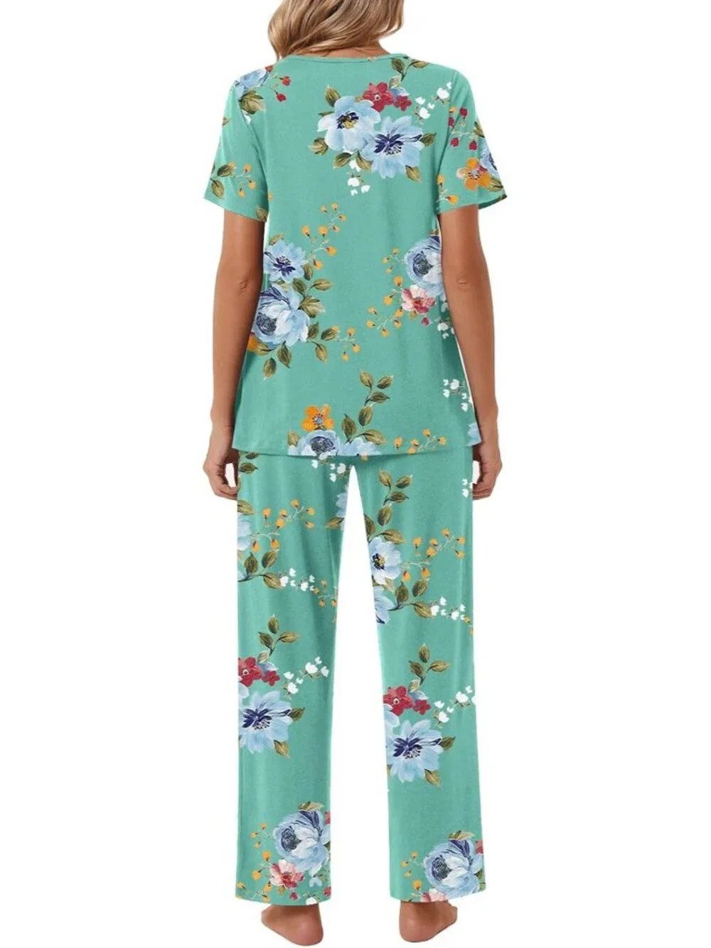 Women's Mint Green Flowers Loungewear 2 Piece Pajama Sets Sleepwear with Pockets